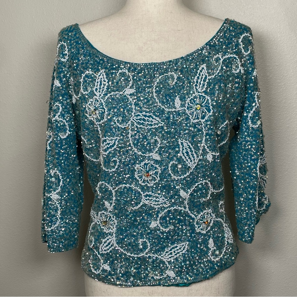 Hand Beaded Sequined Blouse 1960s Turquoise Women’s Size 40 Helen Wong 100% Wool